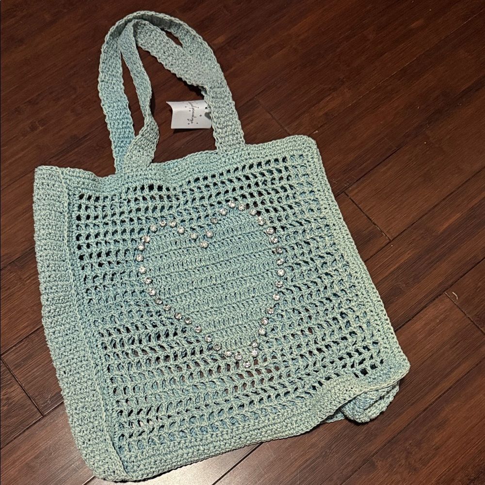 Light Blue Crochet Tote Bag Heart Embroidered Crystals - Large Tote Bag - NWT